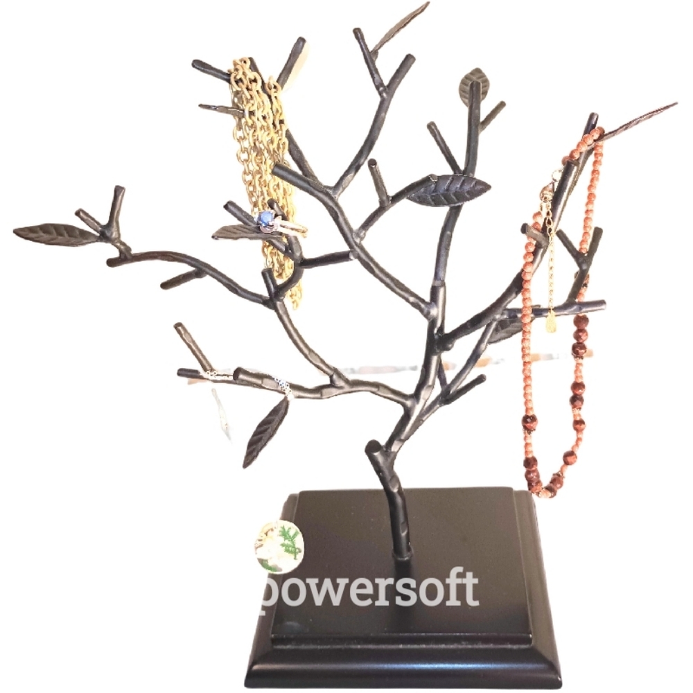Black Jewelry tree Stand with Branches, Leaves and sturdy screw in wooden base
